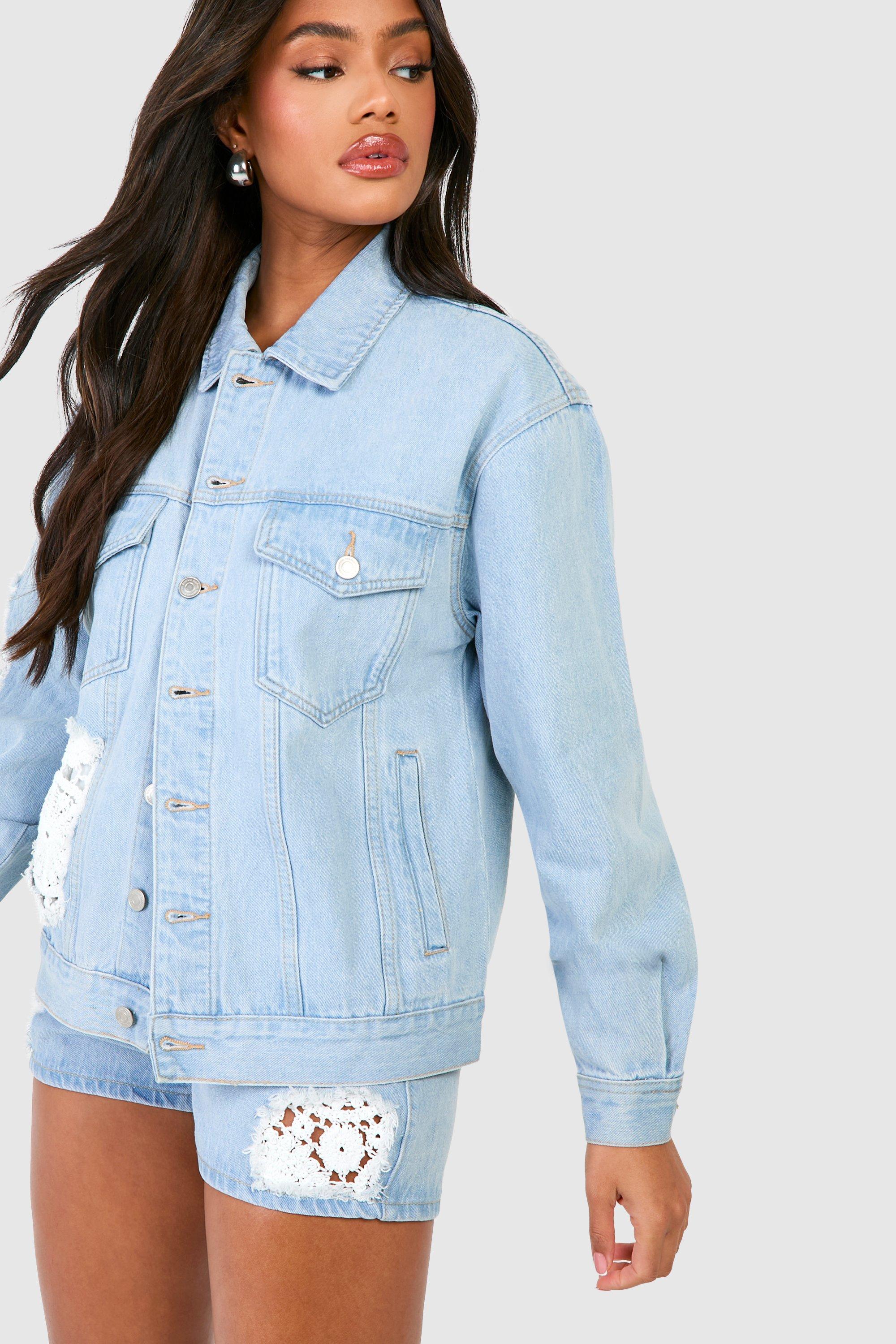Crochet Mix Oversized Denim Jacket boohoo UK